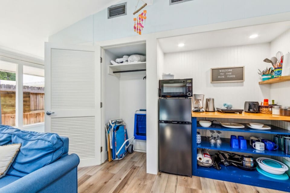 Kitchen essentials, coffee, and beach chairs