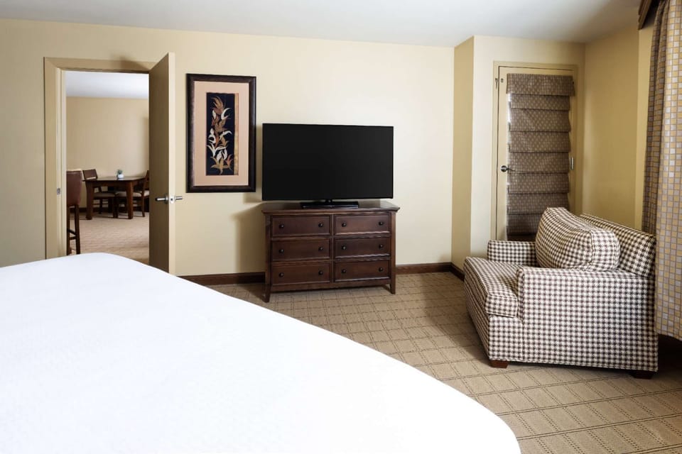 Bedroom with TV, armchair, and doorway to living space