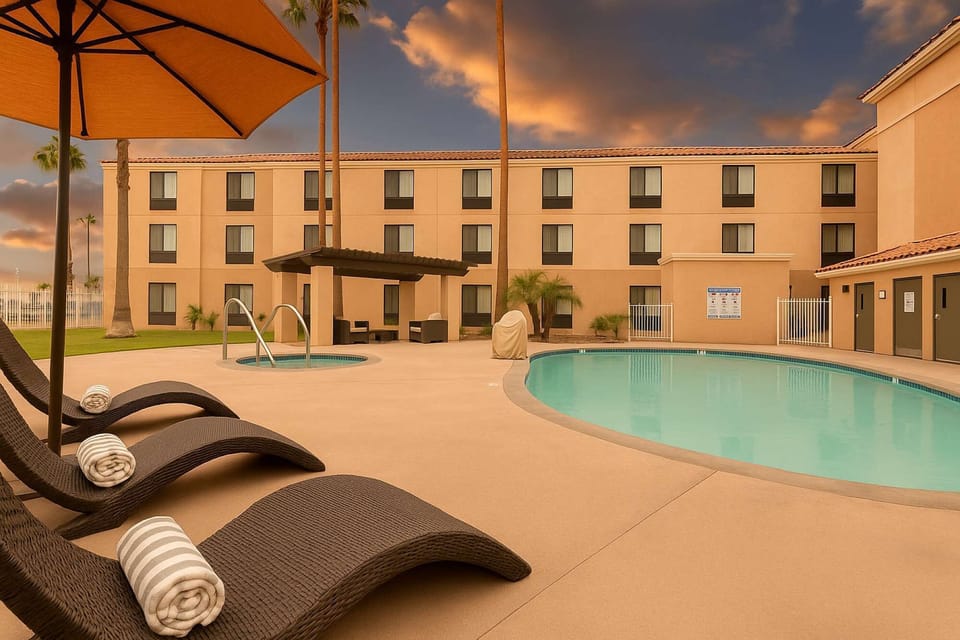 Chairs and umbrellas around swimming pool