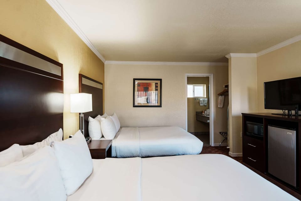 Two-bed room with TV, mini fridge, and view into bathroom area