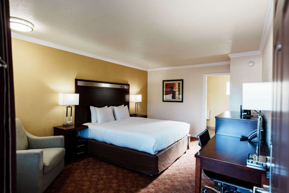 Spacious room with king bed and work desk