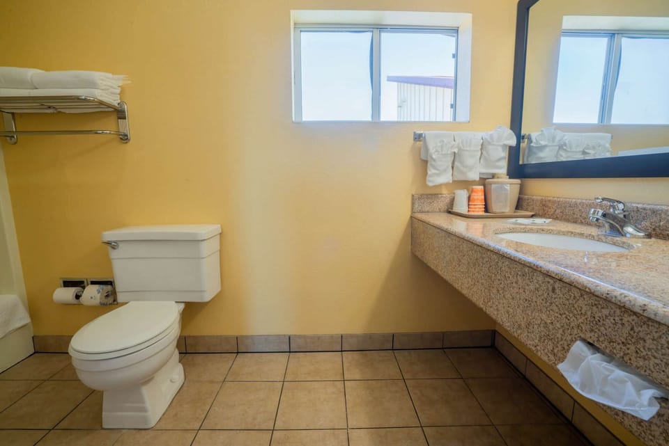 Bathroom with granite counter, mirror, and window light