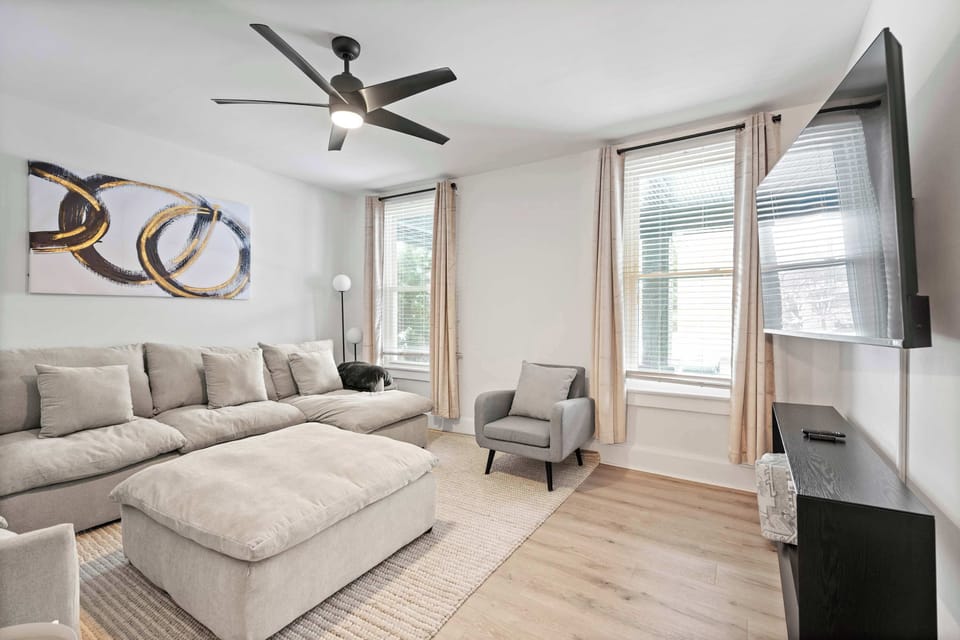 Relax on the comfortable couch with smart TV access