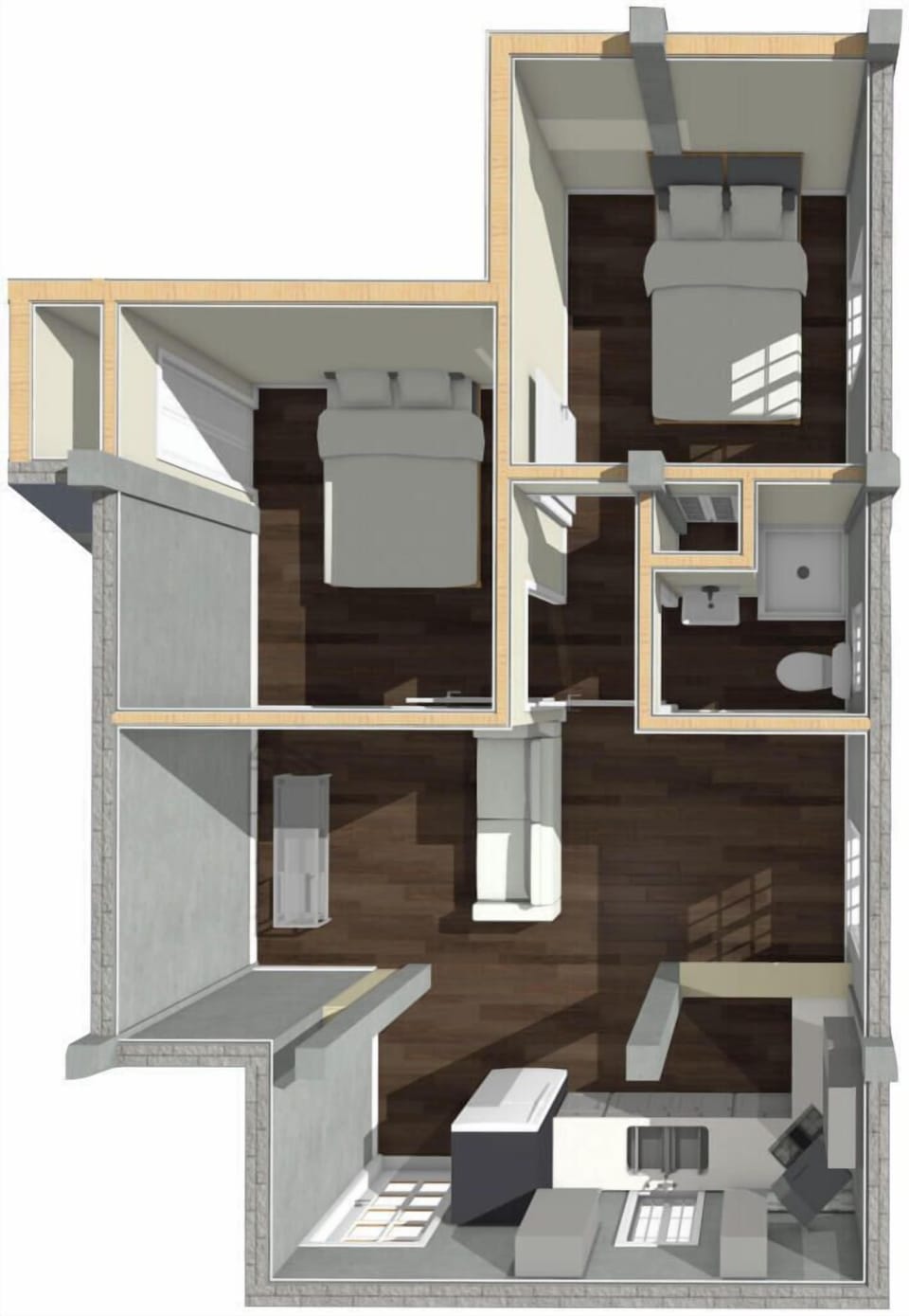 Two-bedroom layout with cozy living and full kitchen / 517 sq ft of comfort.