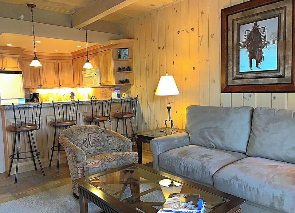 Aspen Condo Next to the Gondola Kitchen and living room