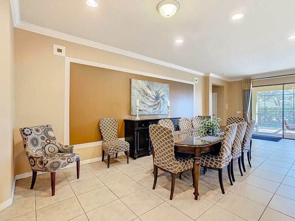 Stylish dining area with seating ideal for shared meals.