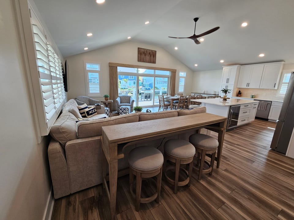 Family room, kitchen, dining area