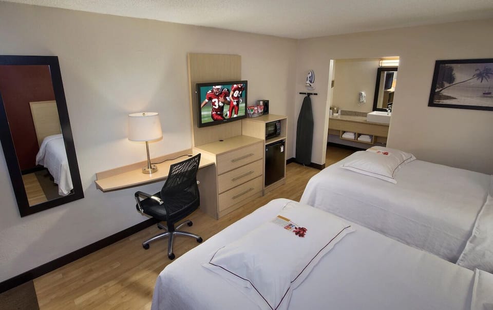 Settle in with a roomy desk, bright lamp, and snacks.