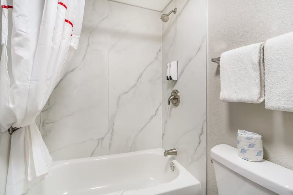 Soak and reset in a bright bath with modern fixtures.