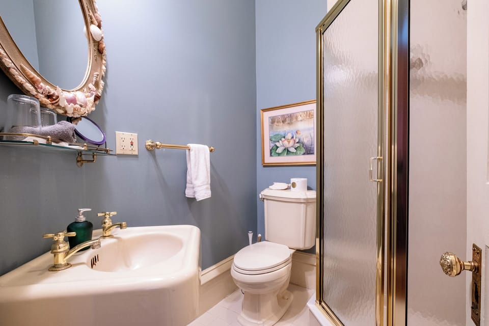 Private en-suite bathroom with walk-in shower, classic fixtures, and updated amenities.