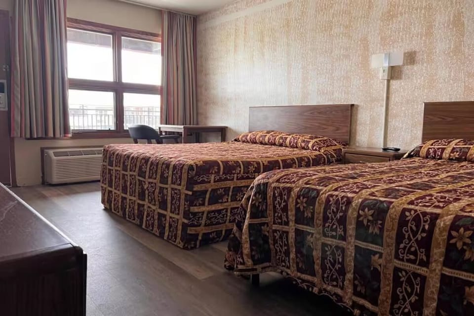 Unwind on cozy beds beside bright windows and city light.