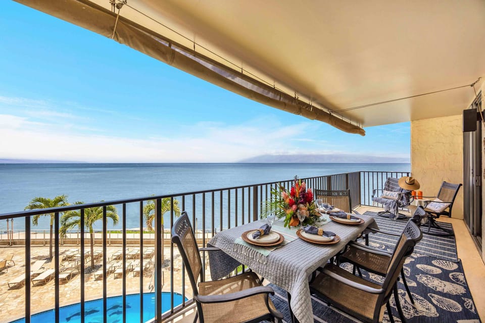 Savor oceanfront dining with sweeping views of Lanai and Molokai.