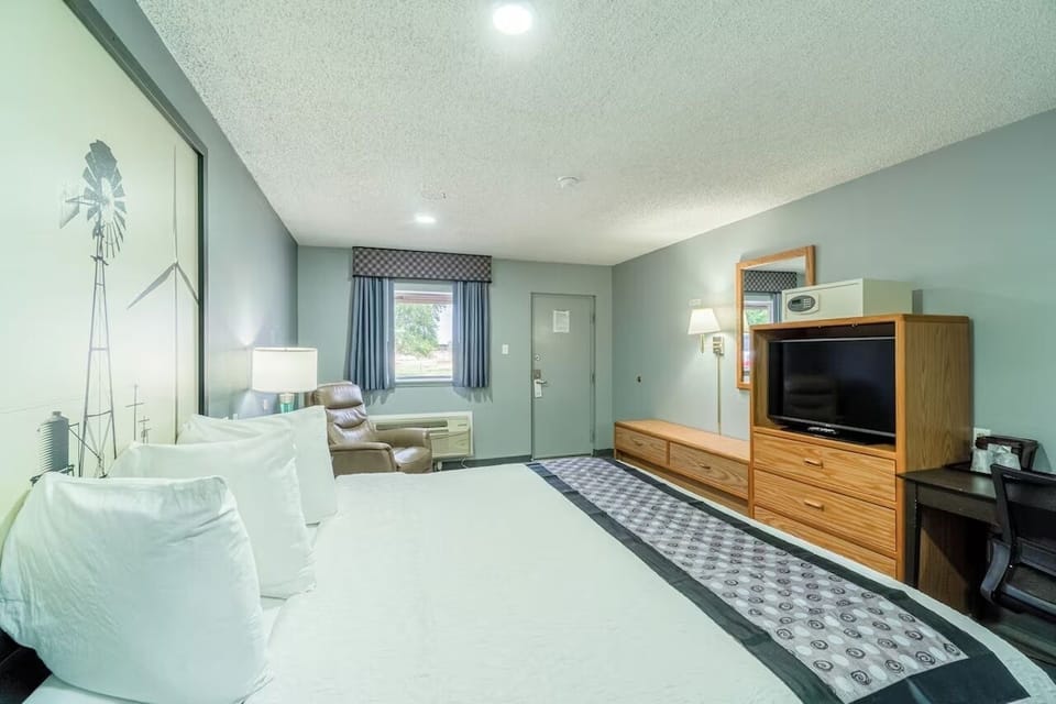 Kick back with in-room entertainment and plenty of storage.