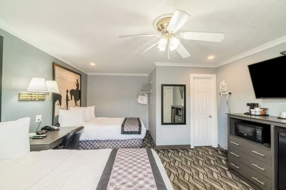 Settle into two plush beds under soft lighting and calm tones.