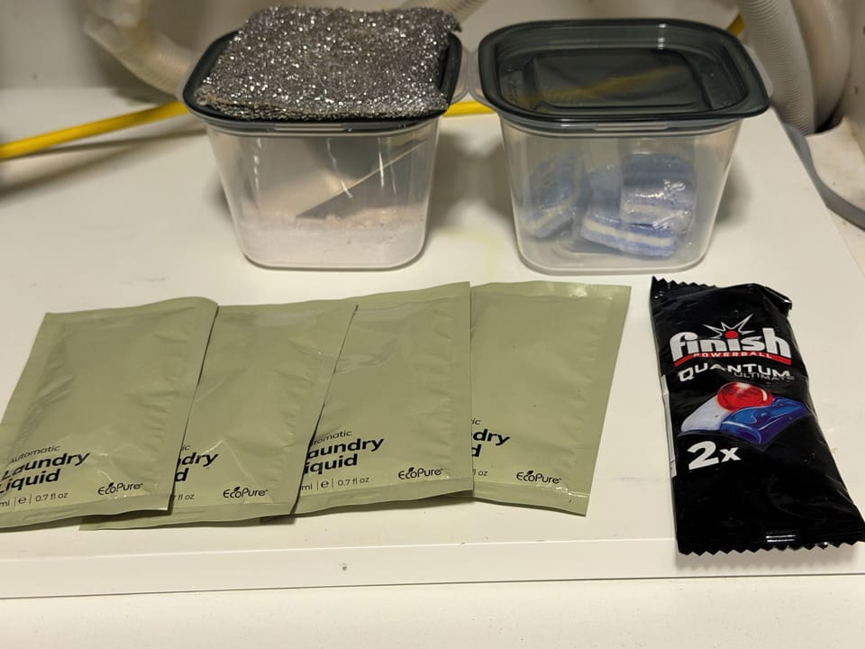 Essentials for laundry and dishes included at check-in.