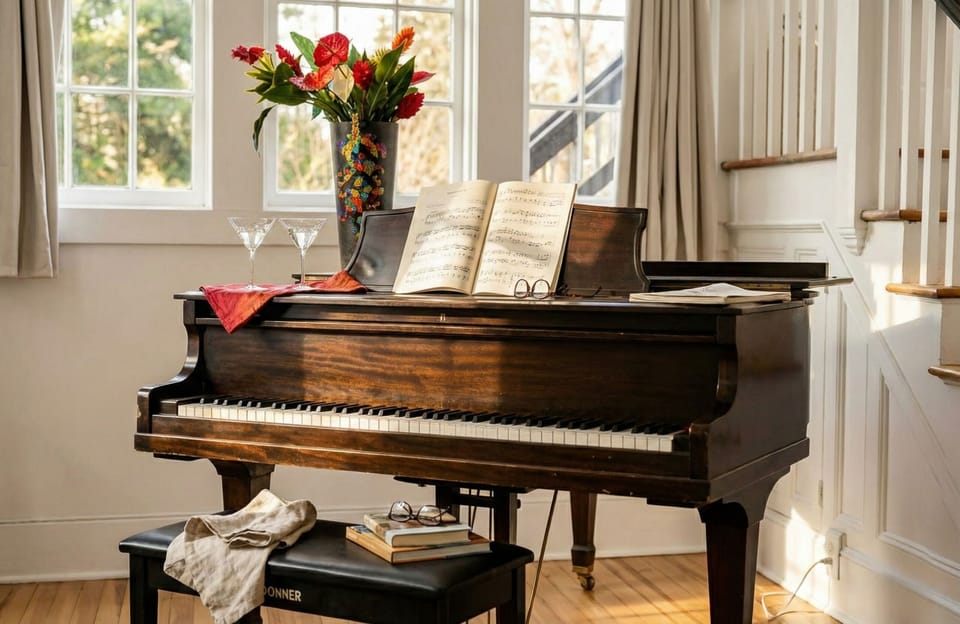 Yes, that's a real baby grand — a vintage piece that's part of the home's history. Someone in your group will sit down, and everyone else will gather around.