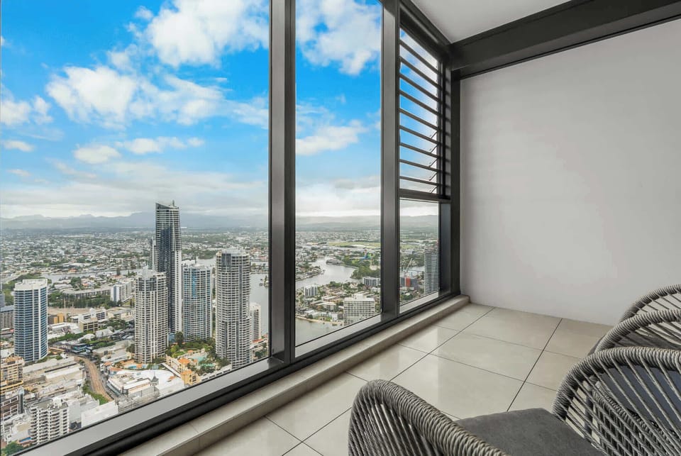 Expansive outlook from the balcony capturing the city skyline flowing through to the hinterland.