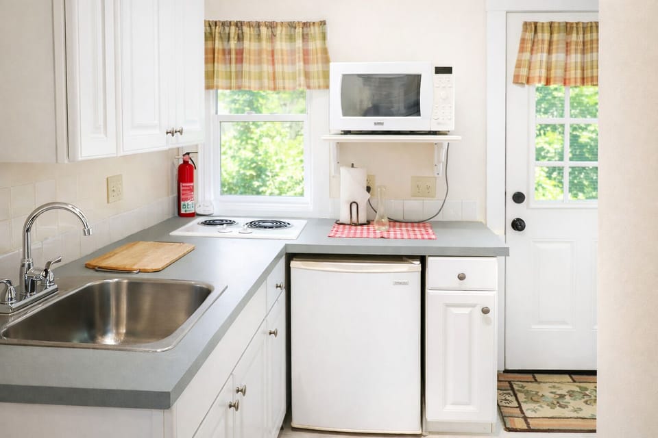 Game room kitchenette with fridge and cooktop—perfect for snacks and meals