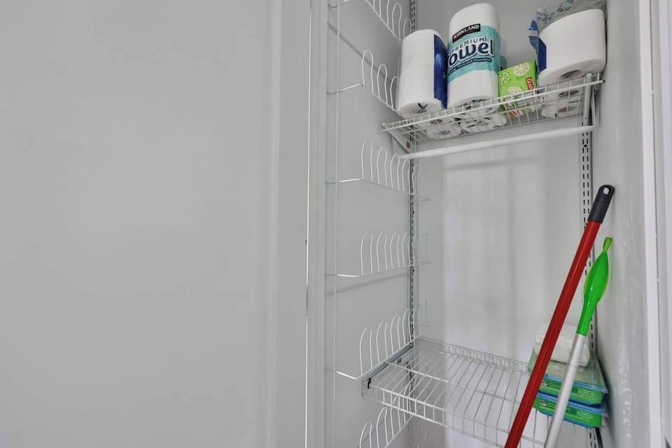 Closet with cleaning supplies.