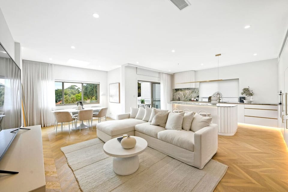 Open-plan living, dining, and kitchen area