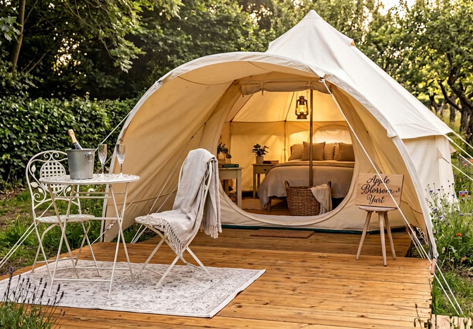 Cosy yurt for two, surrounded by an apple orchard, with a private hot tub, BBQ and outdoor seating area