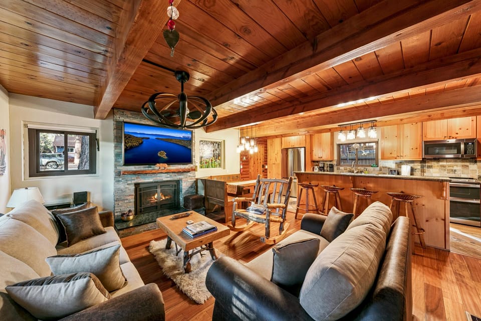 Cozy living room with rustic wood accents and modern comforts
