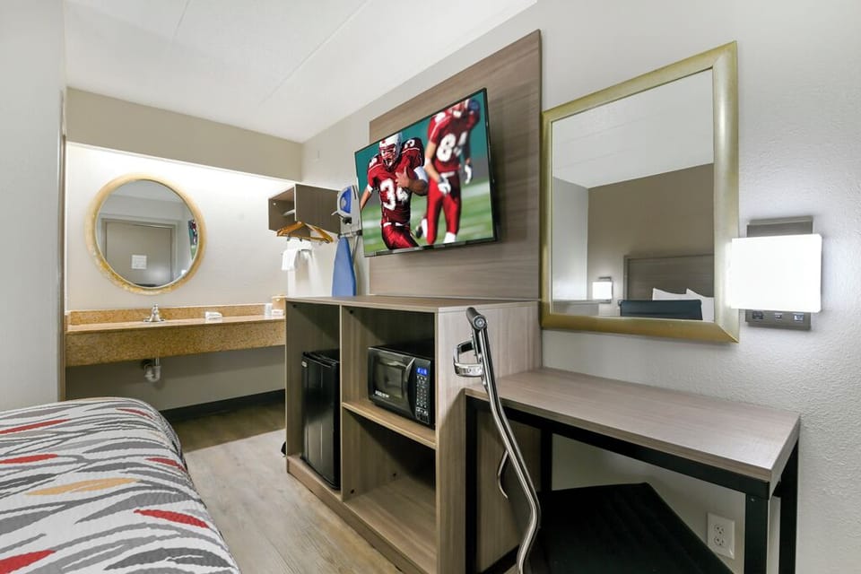 Settle in with mini-fridge comforts and a convenient microwave.