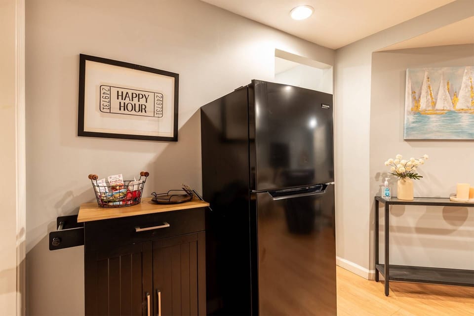 The kitchenette's bar/counter space and full-size refrigerator.