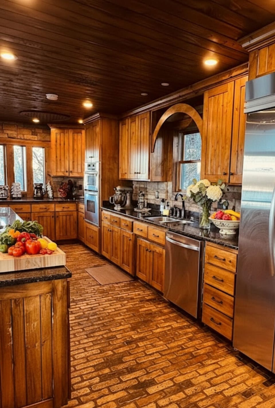 Spacious rustic gourmet kitchen with granite countertops, stainless steel appliances, custom wood cabinetry, and large prep island — perfect for cooking and entertaining