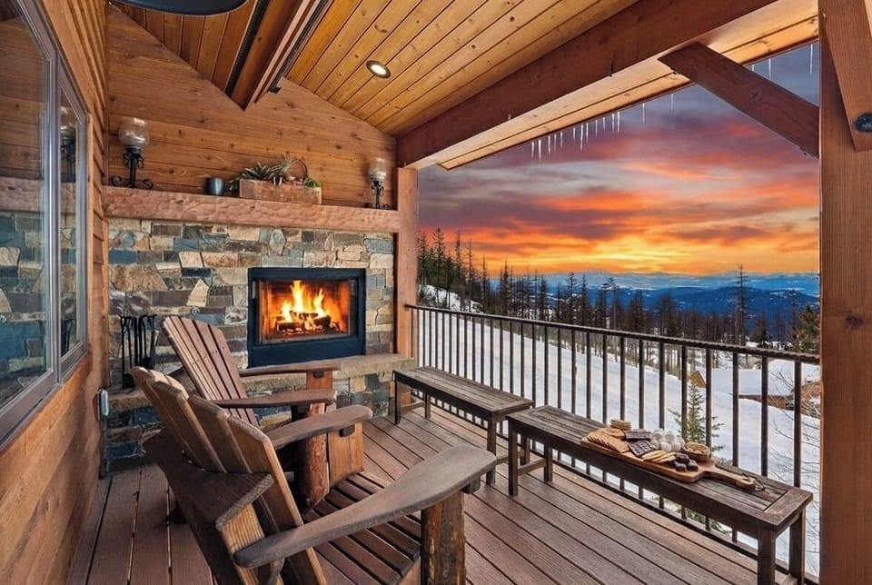 Roast marshmallows with a view on the outdoor wood burning fireplace.