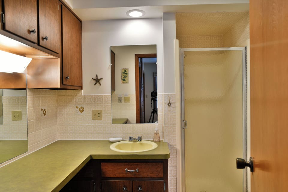 Small bathroom at Elk Crossing Lakehouse featuring a framed bird print, and a shower with a white pleated curtain.