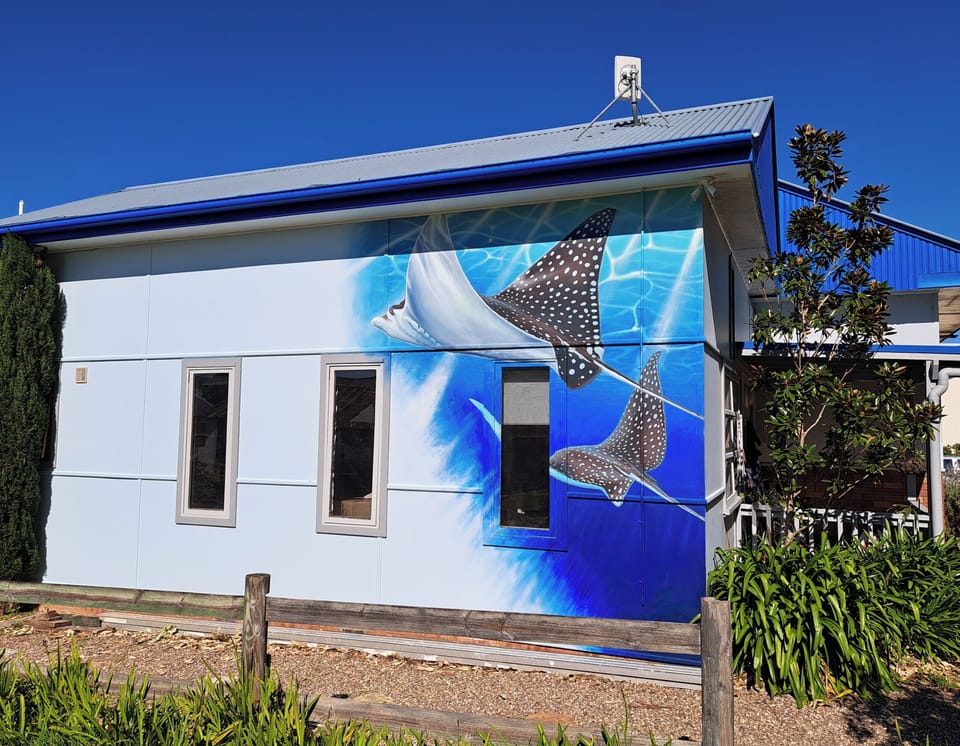 Stingray mural on entrance pathway to cottage