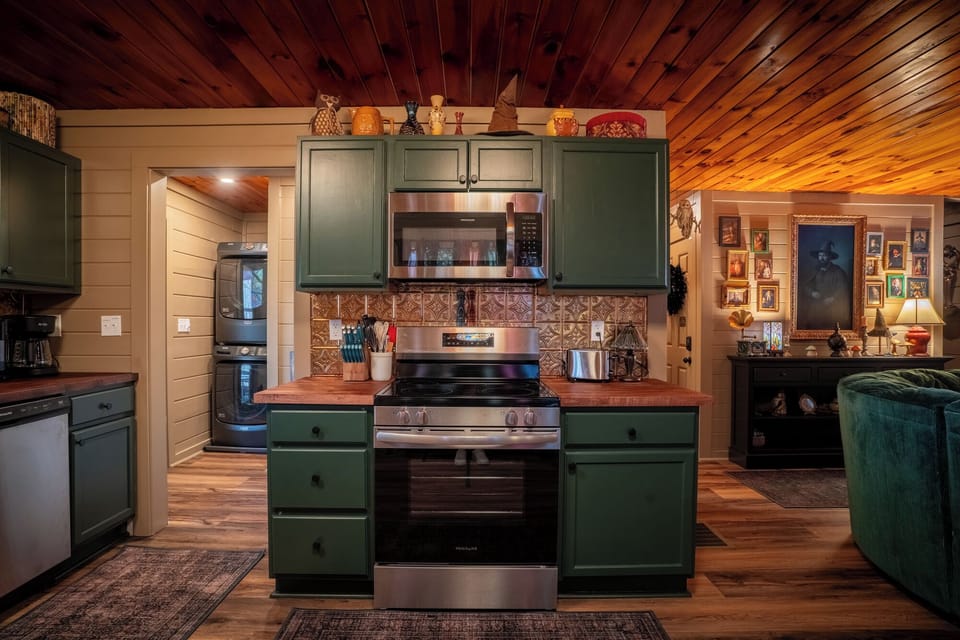Stove, microwave, refrigerator, and dishwasher.