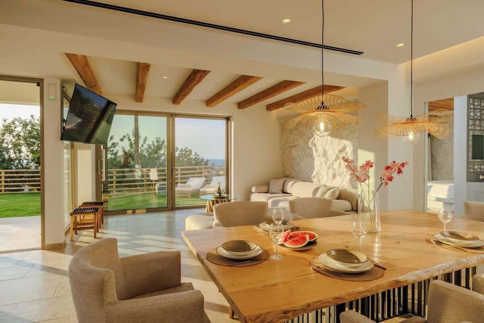 Sophisticated dining with natural textures and warm Mediterranean light