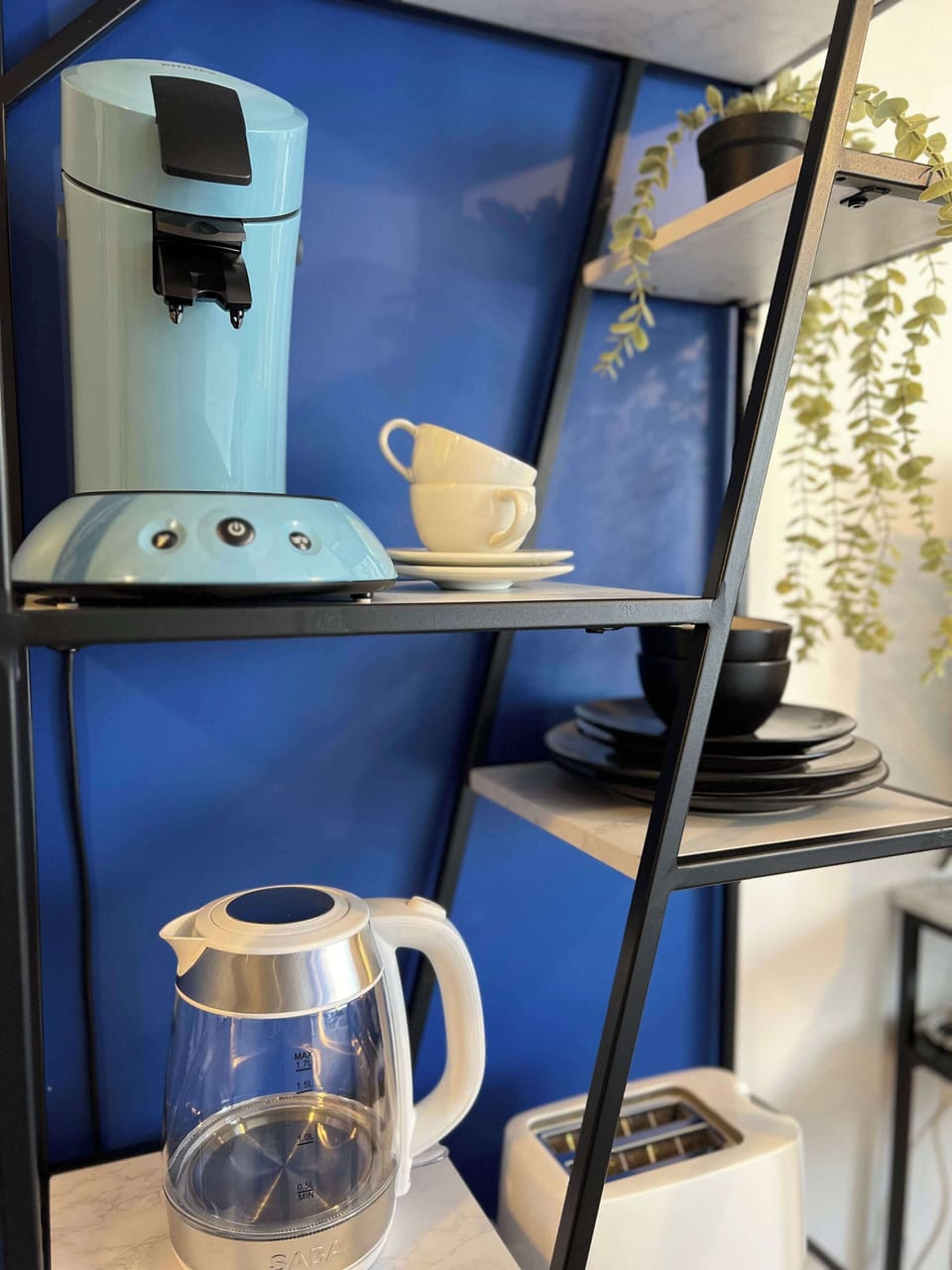 Cafetière, bouilloire électrique et vaisselle sur l'étagère — équipements de la kitchenette du studio L'Azur