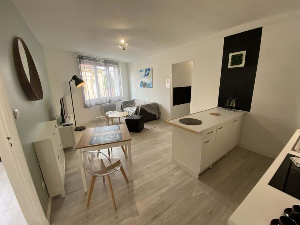Vue panoramique du séjour avec canapé, coin repas et cuisine américaine
