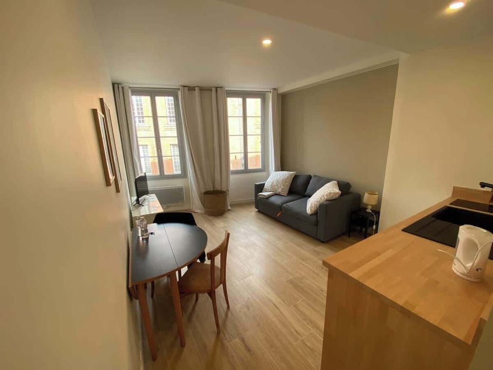 Vue depuis le bar de cuisine sur le séjour et le canapé-lit