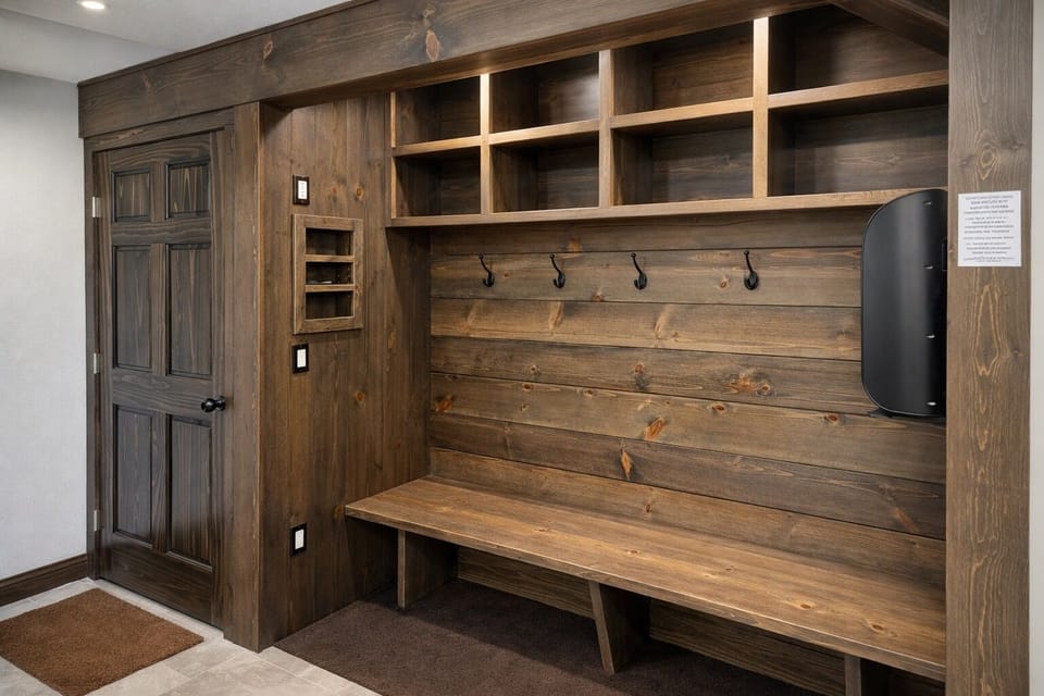 Storage space in the garage features custom wood storage cubbies and bench seating—perfect for organizing gear after mountain adventures.