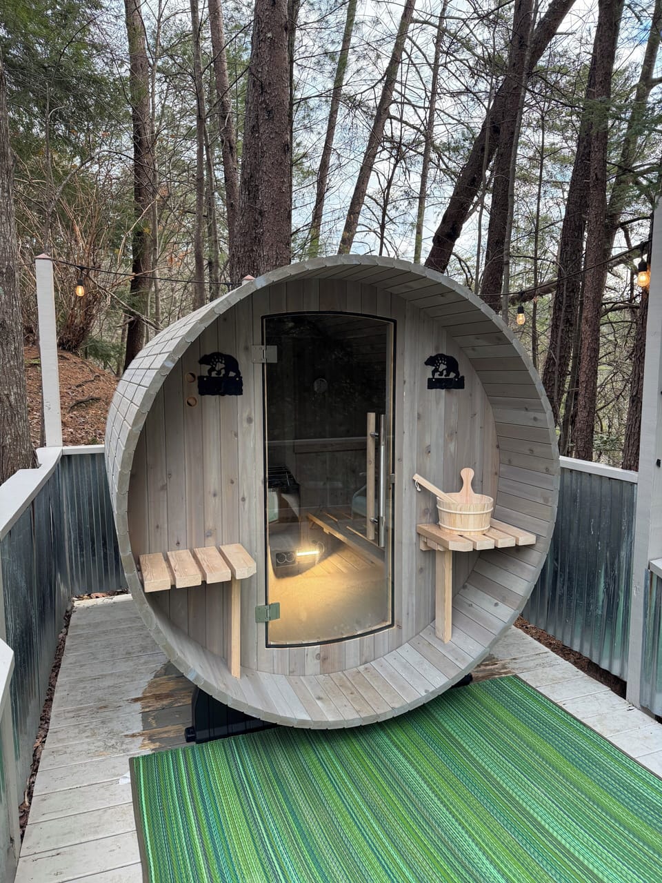 2-4 Person Sauna. Located on lower deck. Towels,  robes, bucket+ladle provided.