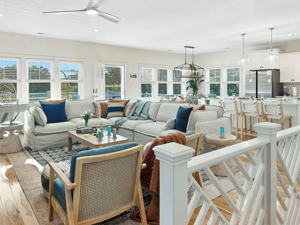 The lovely open living room has lots of space and light.