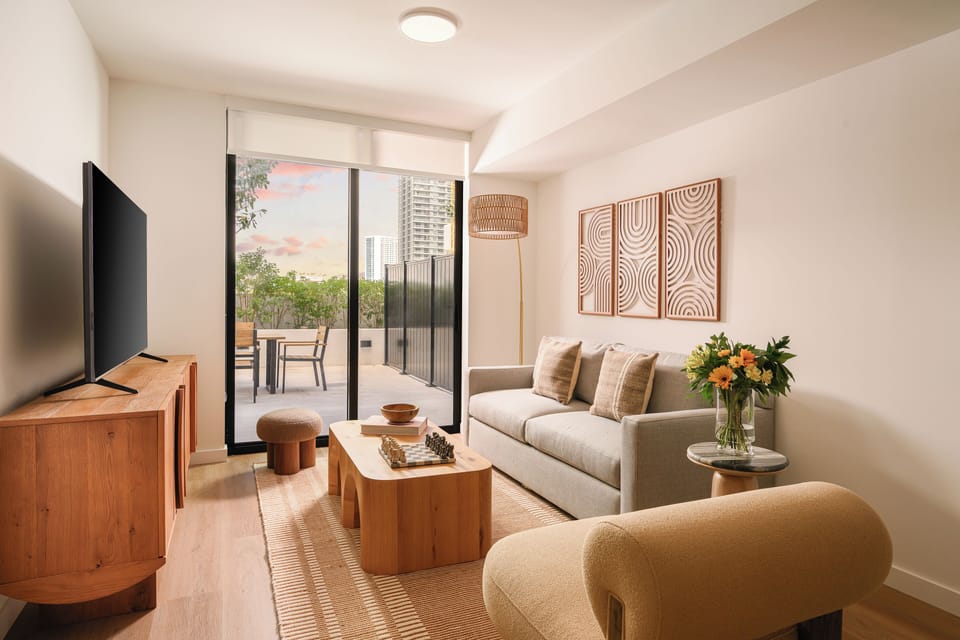 Living space, an airy, open-concept layout designed to let the outside in.