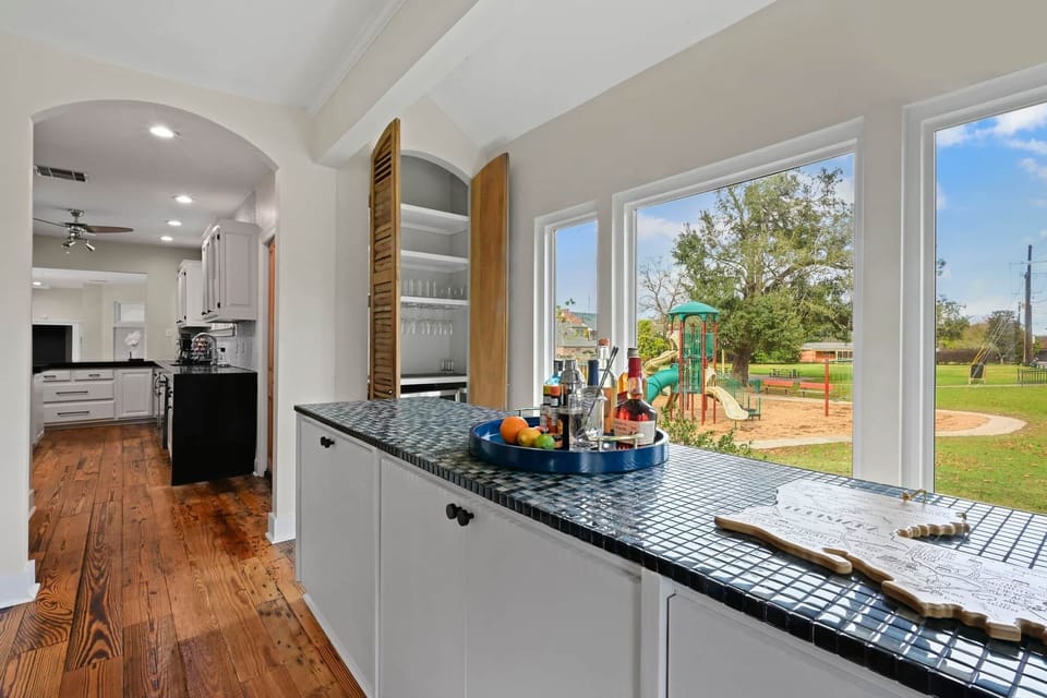 Bar Space Including Wine Cooler & Drinkware.  