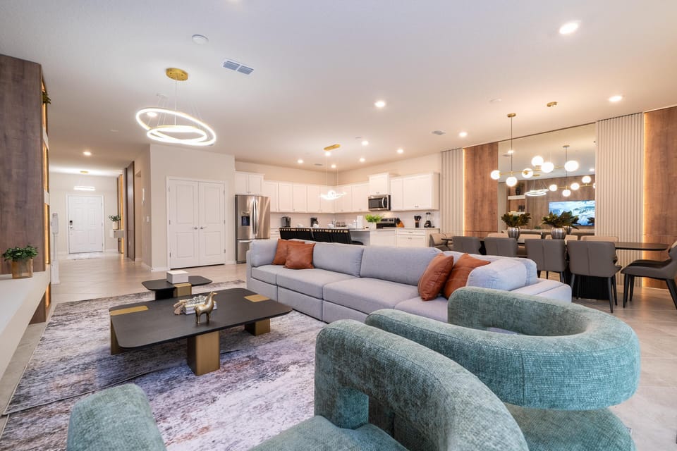 Spacious living room with modern design and cozy seating