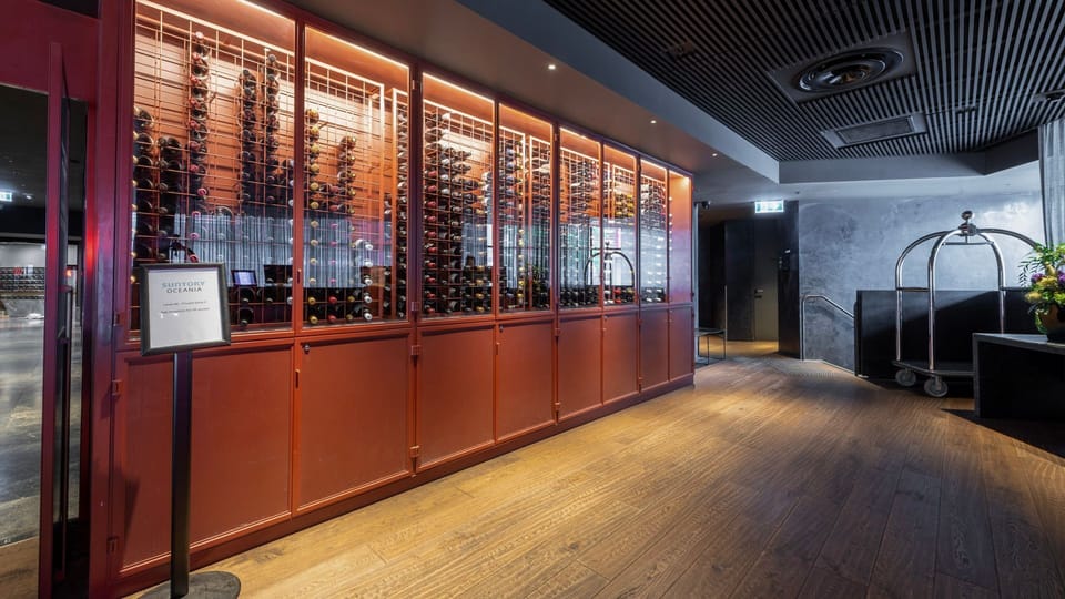 Stylish lobby or bar area with ambient lighting