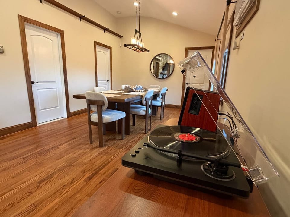 Record player and bluetooth speakers right next to dining table