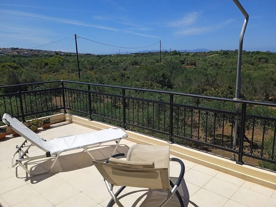 big terrace with sea view over the olive groves