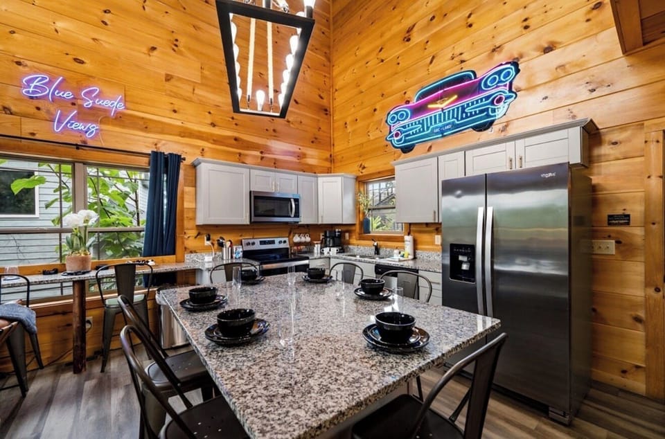 Open kitchen and dining area designed for shared meals and gatherings.