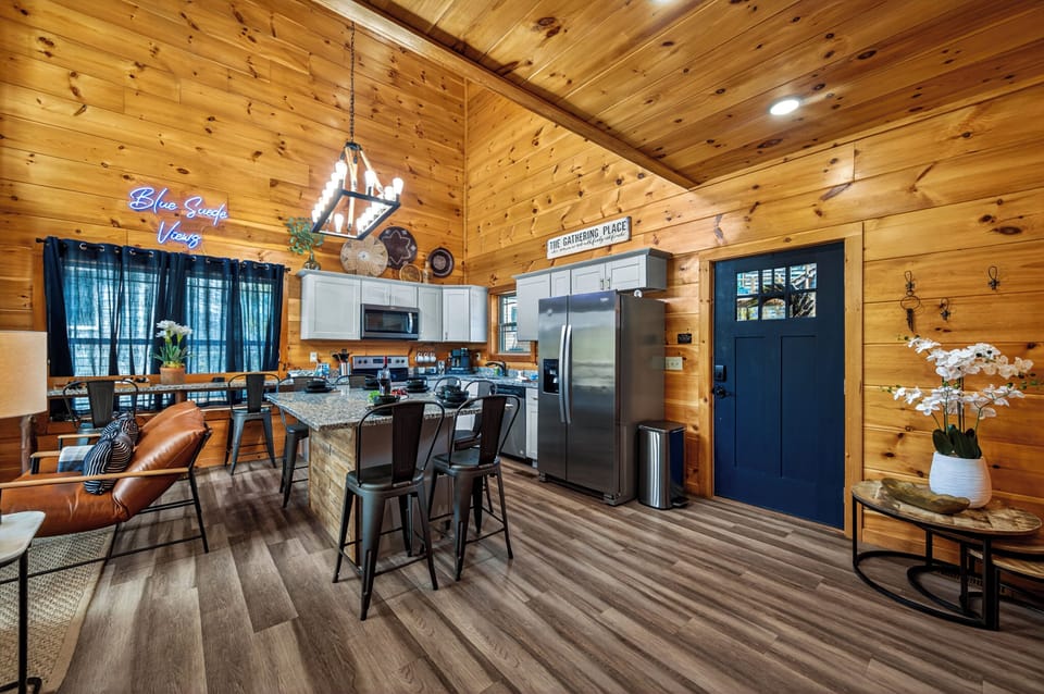 Open kitchen and dining area designed for shared meals and gatherings.