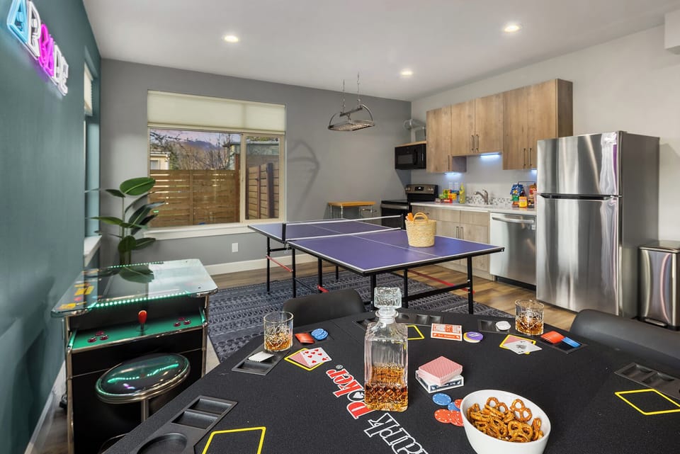 The ultimate game room—poker, ping pong, and arcade fun all in one place!