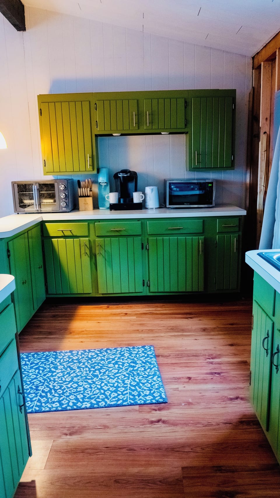 Retro kitchen with green cabinets, modern appliances, and plenty of light.